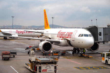 ISTANBUL - JAN 13: Planes with Pegasus airline logotype at Sabiha Gokcen Airport in Istanbul, on January 13. 2023 in Turkeyのeditorial素材