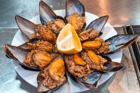 Mussels stuffed with rice and lemon, traditional Turkish street foodの写真素材