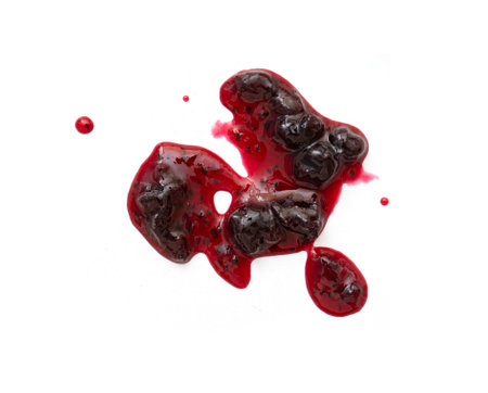 Abstract liquid stain of sweet black currant jam or sauce isolated on white, top viewの写真素材