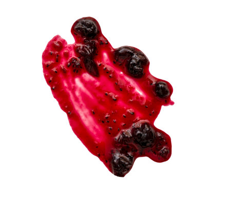 Abstract smear and stain of black currant jam isolated on white, top viewの写真素材