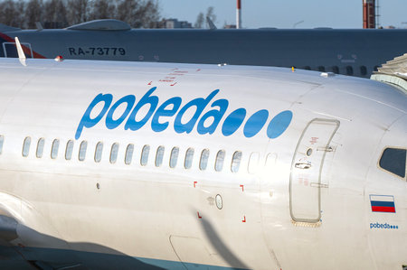 ST.PETERSBURG - MAR 09: Close-up of airplane with Pobeda airline logotype, Boeing 737-800, at Pulkovo airport on March 09. 2023 in Russiaのeditorial素材