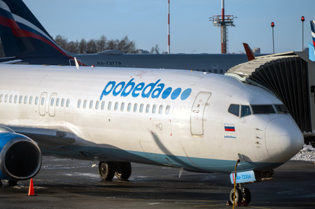 ST.PETERSBURG - MAR 09: Airplane with Pobeda airline logotype, Boeing 737-800, at Pulkovo airport on March 09. 2023 in Russiaのeditorial素材