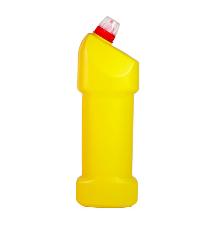 Yellow plastic bottle, container for household chemical liquids isolated on whiteの写真素材