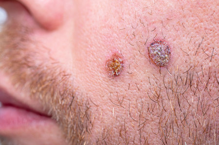 Close-up of wound with scab on the face, selective focusの写真素材