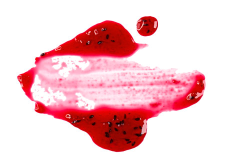 Sweet black currant, red berry jam, sauce as abstract smear stain isolated on white backgroundの写真素材