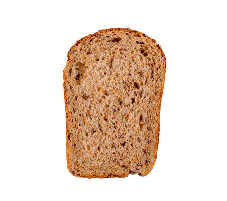 Slice of gluten free brown bread with grains isolated on whiteの写真素材