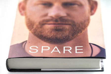 LONDON - NOV 06: Cover of the book Spare by Prince Harry The Duke of Sussex on a table at a book shop in London On November 06. 2023 in UKのeditorial素材
