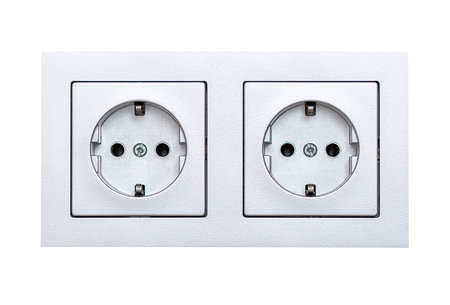 Pair of silver plastic power socket isolated on whiteの写真素材