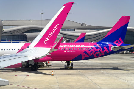 ABU DHABI - MAR 28: Close-up of winglet of Airbus a321 Wizz air airline at Zayed International Airport on March 28. 2024 in UAEのeditorial素材