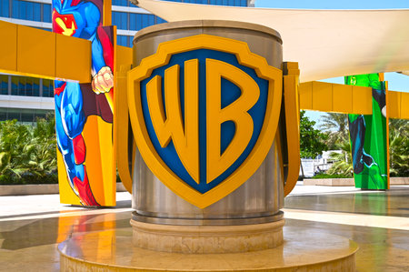 ABU DHABI - MAR 29: logotype of Warner Bros in front of entrance to the WB World theme park in Abu Dhabi on March 29. 2024 in United Arab Emiratesのeditorial素材