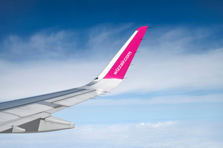 DUBAI - MAR 28: Winglet of Airbus A321 with Wizz Air airline logotype in Dubai on March 28. 2024 in UAEのeditorial素材