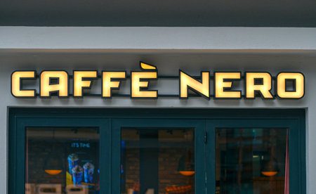 ISTANBUL - JAN 15: Close-up of Caffe Nero logotype in Istanbul on January 15. 2024 in Turkey. It is a coffeehouse company headquartered in London, England.のeditorial素材