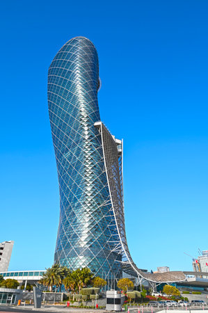ABU DHABI - MAR 28: The Capital Gate Tower famous Skyscraper in Abu Dhabi on March 28. 2024 in United Arab Emiratesのeditorial素材