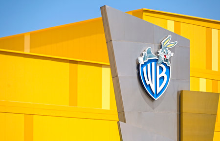 ABU DHABI - MAR 29: logotype of Warner Bros in front of entrance to the WB World theme park in Abu Dhabi on March 29. 2024 in United Arab Emirates.のeditorial素材