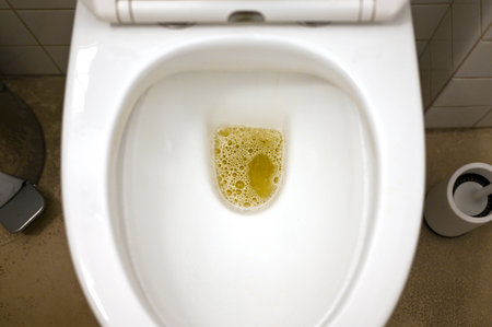 Top view of dirty toilet with yellow urineの写真素材