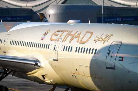 ABU DHABI - SEPT 20: Airplane wearing the livery of Etihad Airways on surface on September 20. 2024 in UAEのeditorial素材