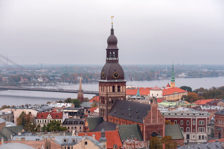 Panoramic view of Riga Cathedral with Riga Castle and Daugava River during autumn day, Latviaの写真素材