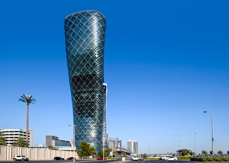 ABU DHABI - MAR 28: The Capital Gate Tower famous Skyscraper in Abu Dhabi on March 28. 2024 in United Arab Emiratesのeditorial素材