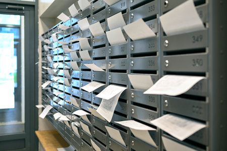 Rows of mailboxes with many paper utility billsの写真素材