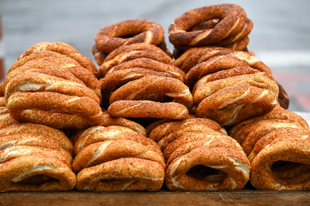 Traditional Turkish white bread Simit with sesame at a street market in Turkey