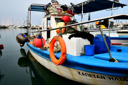 White Blue fishing boat in the port in Limassolのeditorial素材