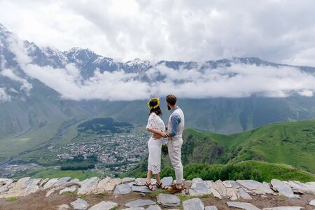 loving couple in the mountainsの写真素材