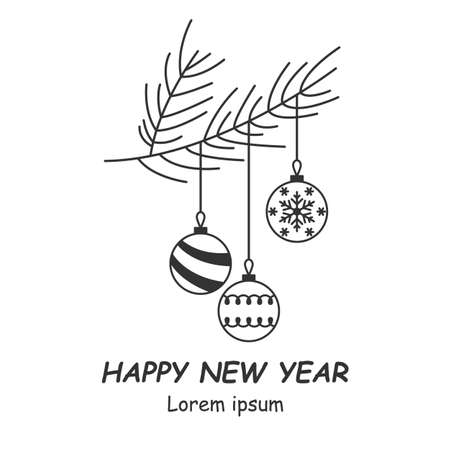 Decorated spruce branch. Christmas balls hanging from tree. Illustration on a white background. For icon, stamp, label, certificate, brochure, gift card, poster, coupon or banner decoration.のイラスト素材