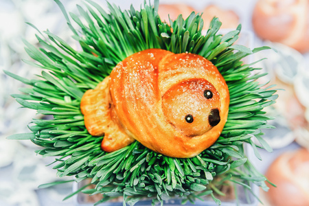 ruddy bird of dough in a nest of green grass close - up, top viewの写真素材