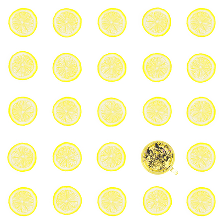 the solar circles of a lemon isolated on a white background and one glass cup with green tea,...