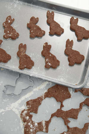 children prepare chocolate cookies in the ida of the traditional Easter rabbit