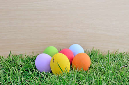 Colorful easter eggs on green grassの写真素材