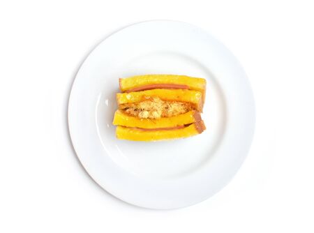 Homemade sandwich with Bologna and dried shredded pork on white background.