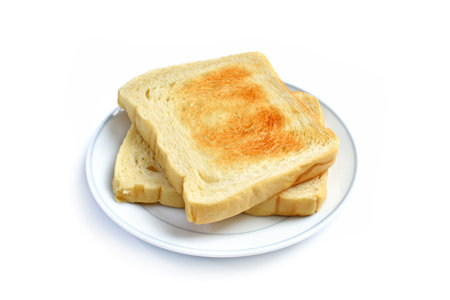 Delicious slices of toasted bread isolated on white