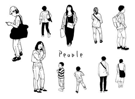 Passers-by, people in the city.
It is a set of women and children, young men. Approximately placed in A3 size.のイラスト素材
