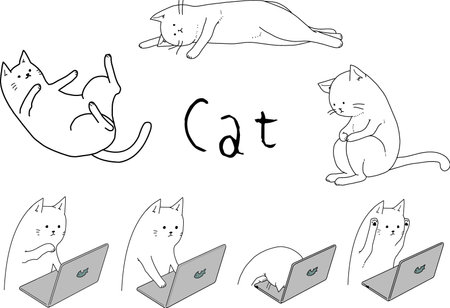 Cute cat illustration set. Monochrome, line art.のイラスト素材