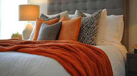 Decorative pillows on bed in geometric patterns, layered textiles creating depth in luxury suite settingの素材