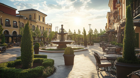 Golden hour view of luxury hotel courtyard with fountains, manicured hedges, and designer outdoor furniture, no guestsの素材