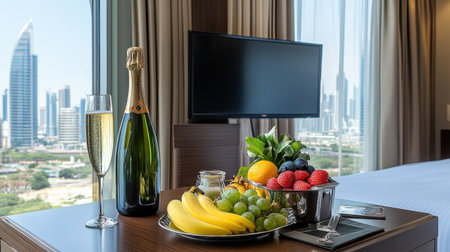 Champagne and fresh fruit tray on suite desk with skyline view in background, celebration scene with no peopleの素材