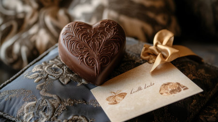 Gourmet chocolate placed on pillow beside a branded welcome card in a five-star hotel room, elegant detailの素材