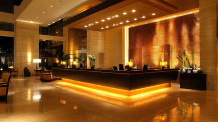 Designer hotel lobby with clean lines, ambient backlighting, and minimalist decor centered around a modern reception deskの素材