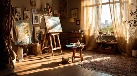 Art studio room with easel, canvas, painting supplies, and bright natural lightingの素材