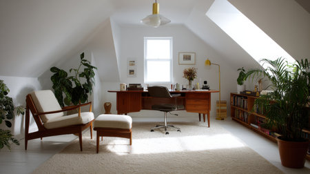 Bright attic home office with slanted ceiling, skylight, and mid-century modern furnitureの素材