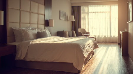 Clean, bright hotel room with simple furnishings and soft morning sunlightの素材