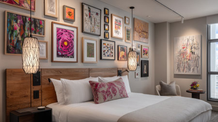 Boutique hotel room with gallery wall, pendant lighting, and soft textilesの素材