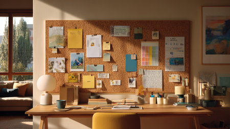 Clean home office with corkboard, planner, and motivational notes above the deskの素材