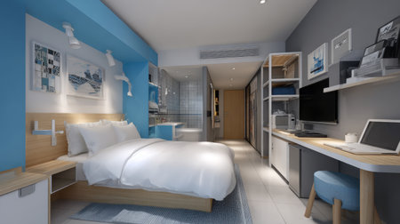 Compact hotel room with smart design, wall-mounted TV, and modern finishesの素材