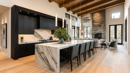 Contemporary kitchen with black matte cabinets, quartz countertop, and ambient lightingの素材