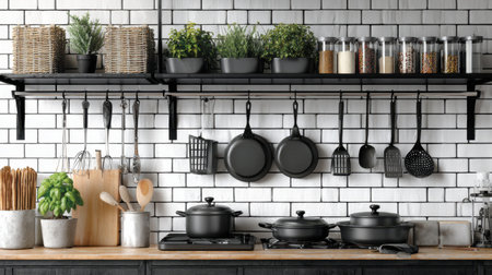 Kitchen interior with hanging utensils, spice rack, and neatly arranged cookwareの素材