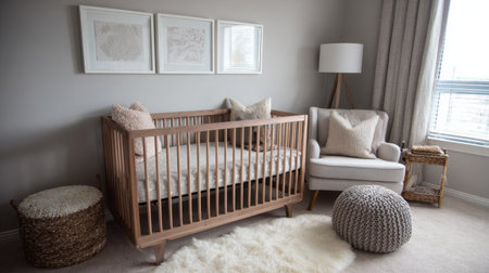 Neutral-toned nursery with minimalist design, wooden crib, and soft texturesの素材