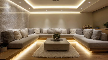 Neutral-toned modern living room with L-shaped sofa and soft ambient lightingの素材